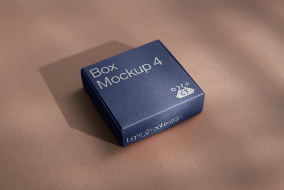 Blue box packaging mockup on a smooth brown background with elegant shadows, ideal for product design presentations.